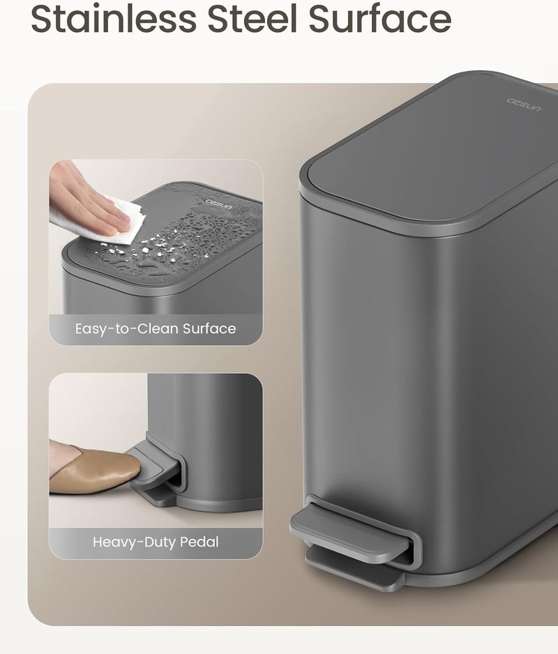 Cesun Small Bathroom Trash Can with Lid Soft Close, Step Pedal, 5 Liter / 1.3 Gallon Stainless Steel Garbage Can with Removable Inner Bucket, Waste Basket for Bathroom, Bedroom (Gray) - Image 3